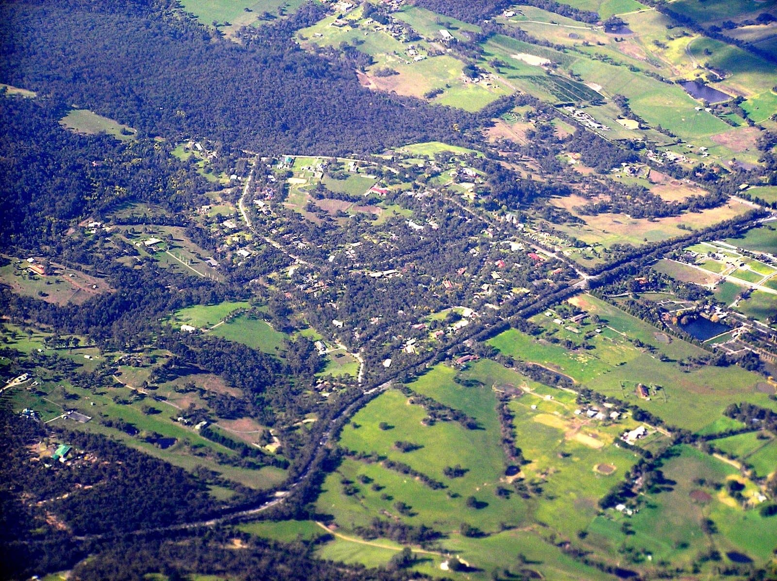 An aerial view of houses among trees and paddocks