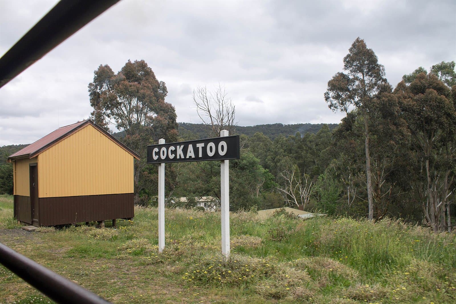 A station sign and small shed beside grass, with gum trees and cloud behind
