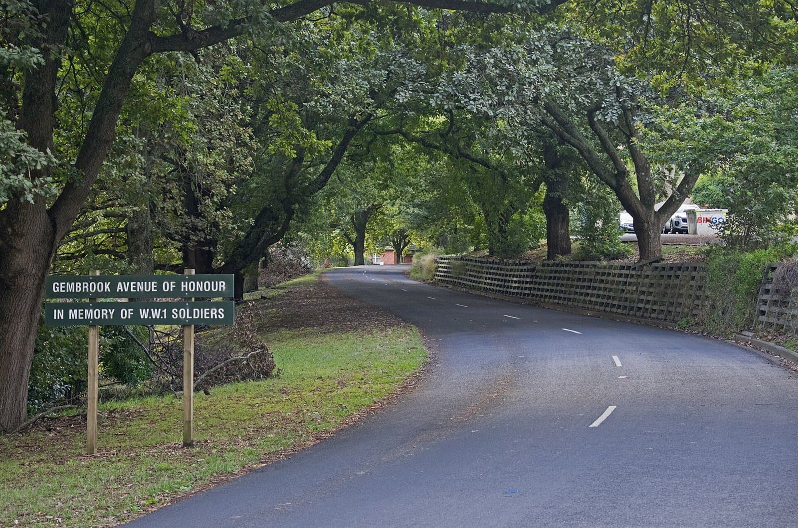 A road curving between large old trees beside a sign for the avenue of honour